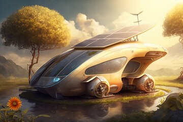 Obraz na płótnie Canvas Recharging at Nature's Source: An Inspiring Solar Car Illustration Generative AI