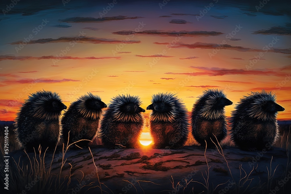 Poster sunset serene – a canvas of porcupines under a dimming sky generative ai