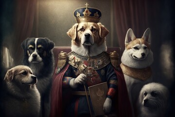 portrait of a dog king dictator general. Created with Generative AI technology. - obrazy, fototapety, plakaty