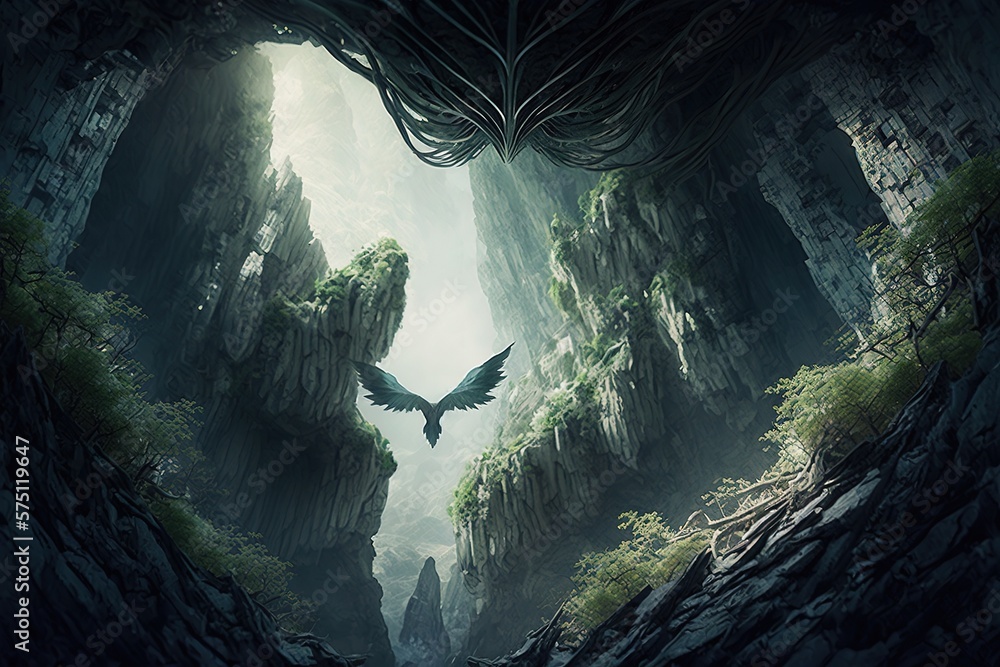 Poster the ethereal canopy overlooked by spectral cliffs generative ai