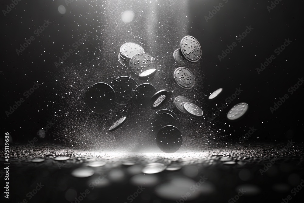 Poster the glint of silver through the mist: falling coins generative ai