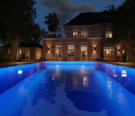 A 3d rendered illustration from a villa with a swimming pool by night.
