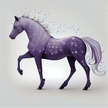 A horse with purple stripes and a purple tail is painted on a gray background Generative ai