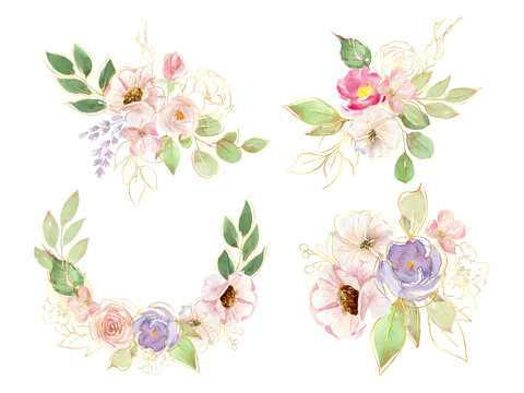 Bouquets and frames of delicate pink spring flowers. Watercolor flowers with linear golden flowers and leaves. Line art. Spring bouquets. Floral decoration, frames for invitations and postcards