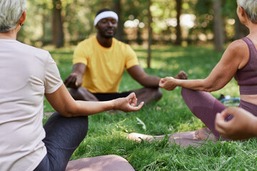 Group of senior women meditating outdoors in park during yoga workout, close up