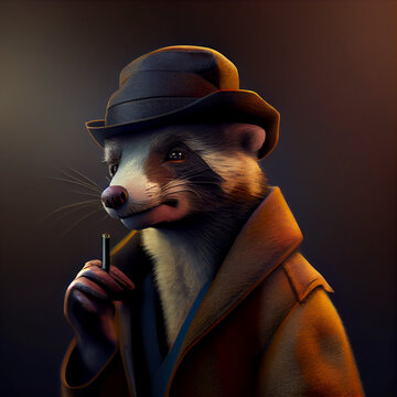 anthropomorphic cute ferret detective wearing a coat and a hat,