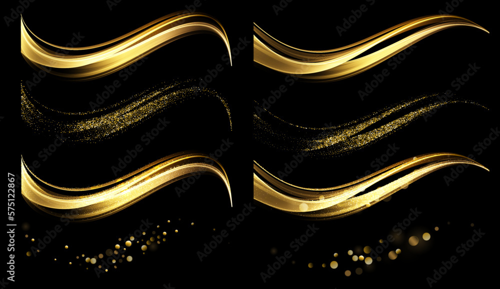 Poster Abstract Gold Light Waves. Shiny golden moving lines design element with glitter effect on dark background