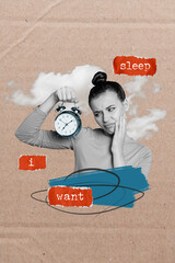 Fototapeta Creative magazine collage picture of unhappy tired lady wake up early look clock want sleep more on weekends obraz