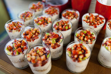 Healthy breakfast: Yogurt with Tropical Fruits served
