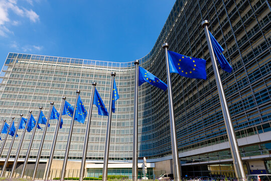 European Union flags in front of the European Commission building in Brussels, Belgium