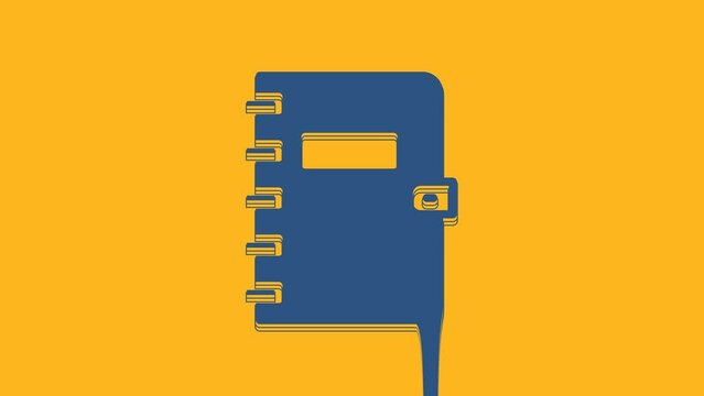 Blue Notebook icon isolated on orange background. Spiral notepad icon. School notebook. Writing pad. Diary for school. 4K Video motion graphic animation