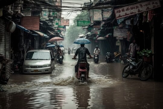 Flooded city street. Generative AI.