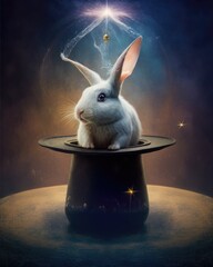 White cute rabbit sits in a hat. Generative AI.