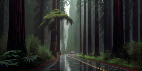 rain in the redwood forest, road in the forest - obrazy, fototapety, plakaty