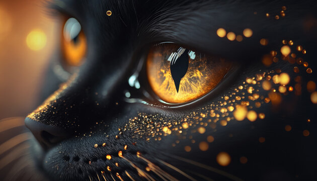 Close up portrait of a black cat with gold glitter. Generative AI.