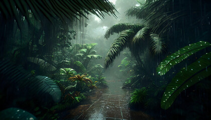 path in rain forest, tropical forest in the rain, large exotic plants in the forest. Green background