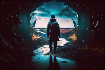 Naklejka premium silhouette of a person walking in the night toward a gate, Generative AI illustration