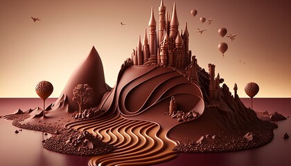 chocolate kingdom landscape. everything is made of chocolate. mountains sky and river. ai generative content