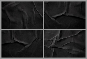 Crumpled wet gray black paper blank texture copy space background.Set. Collection.