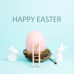 Easter bunny or rabbit sitting next to a huge pink colored egg in a birds nest, paint brush and...