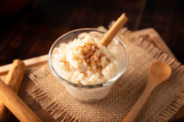 Rice pudding. Sweet dish made by cooking rice in milk and sugar, some recipes include cinnamon, vanilla or other ingredients, it is a very easy dessert to make and very popular all over the world.