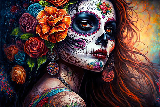 Day of the Dead woman with skull face paint, flowers in red hair. Generative AI