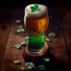 Green Haze IPA: A Hoppy Beer with a Four-Leaf Finish, Refreshing Beer With Clover on a Wooden Table Generative AI