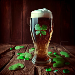 Celtic Charm Lager: A Crisp Beer with a Lucky Twist Beer With a 4 Leaf Clover on a Rustic Wooden Table, Generative AI