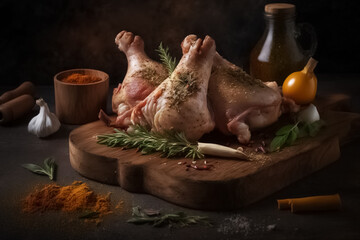 Fresh raw chicken legs with spices, with ingredients for cooking on a wooden cutting board. generative ai
