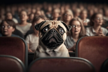 Closeup of a curious looking pug dog sitting in the cinema and watching a movie with rapt attention. Selective focus, generative AI. - obrazy, fototapety, plakaty