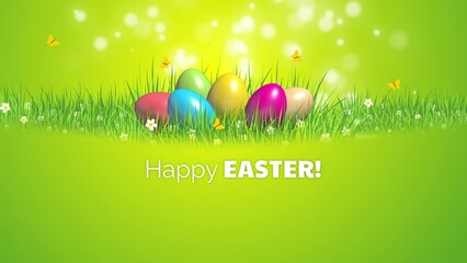 Colorful painted Easter eggs on green grass with flowers and butterflies. Green spring animated background. Loop video.