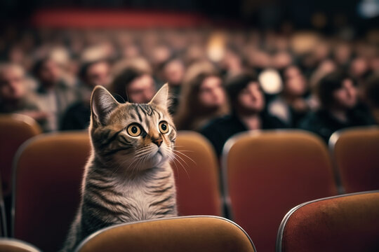 Closeup of a curious looking cat sitting in the cinema and watching a movie with rapt attention. Selective focus, generative AI.