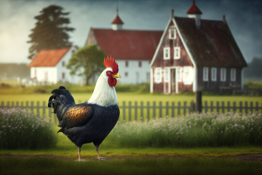 Rural scene with peaceful grazing chicken and blurred farm houses in the background. Beautiful natural image that conveys a sense of tranquility and a traditional way of life. Generative AI.