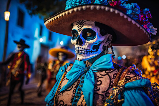 Day of the Dead parade, night, skeleton with blue costume. Generative AI