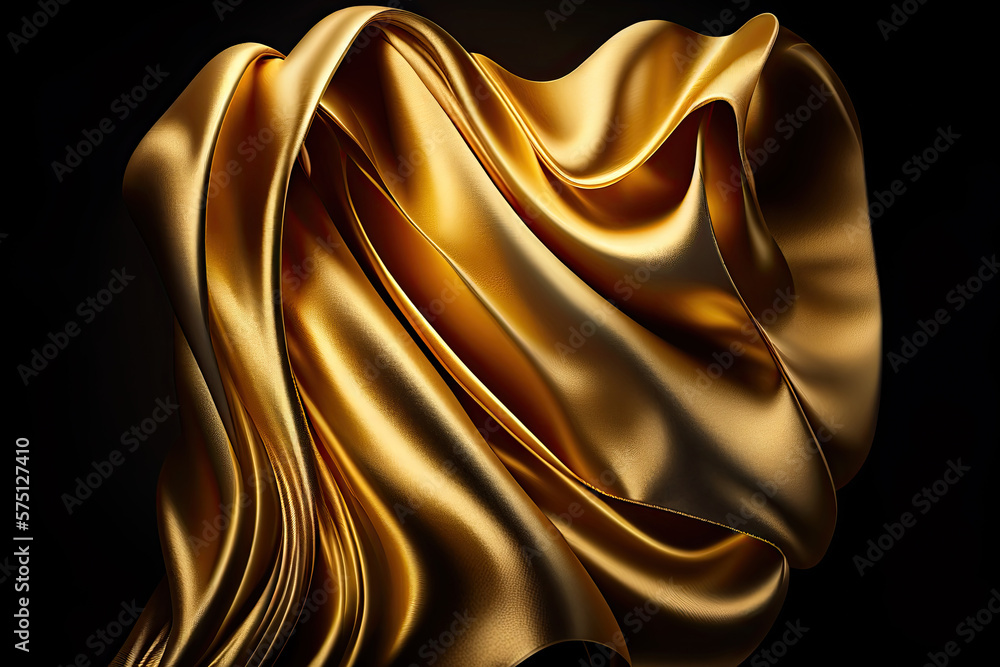 Poster golden colored silk surface with folds. abstract background. textile surface with waves and wrinkles