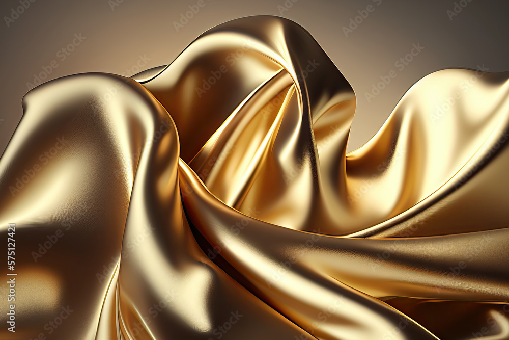 Poster golden colored silk surface with folds. abstract background. textile surface with waves and wrinkles