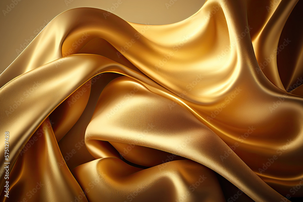 Poster golden colored silk surface with folds. abstract background. textile surface with waves and wrinkles