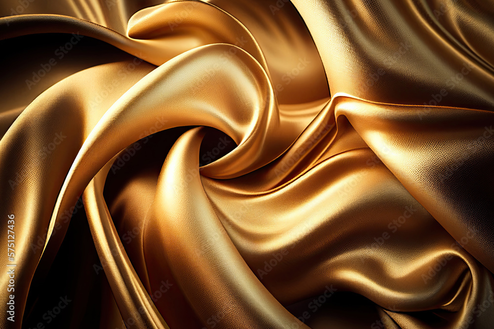 Poster golden colored silk surface with folds. abstract background. textile surface with waves and wrinkles