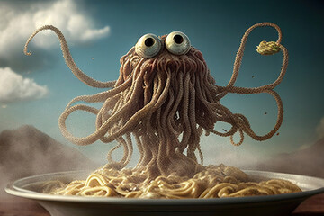 Flying spaghetti monster. Pastafarianism concept. Funny pasta. Created with Generative AI - obrazy, fototapety, plakaty