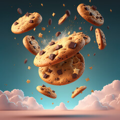 Chocolate chip cookies falling. Cloudy sky and chocolate drops cookie. Chocolate chip cookies flying on a pastel background. 3d render illustration. Generative AI art. - obrazy, fototapety, plakaty