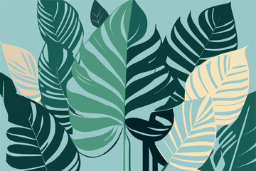 Fototapeta na wymiar Tropical leaves in green shades, on white background, flat vector