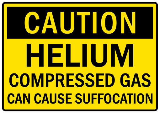 Helium hazard sign and labels helium compressed gas, can cause suffocation
