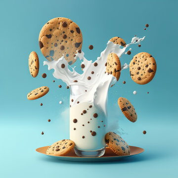 Chocolate chip cookies falling. Splashing milk and choco drops cookie. Chocolate chip cookies flying on a pastel background. 3d render illustration. Generative AI art. 