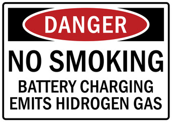 Hydrogen hazard sign and labels battery charging emits hydrogen has