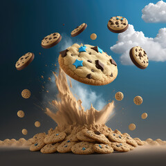 Fototapeta na wymiar Chocolate chip stars cookies falling. Splashing milk and chocolate drops cookie. Chocolate chip cookies flying on a pastel background. 3d render illustration. Generative AI art. 