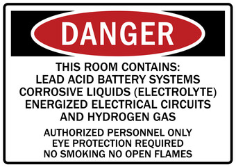 Fototapeta premium Hydrogen hazard sign and labels this room contains lead acid battery system corrosive liquids energized electrical circuits and hydrogen gas