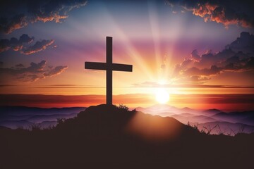 Fototapeta na wymiar Silhouette cross of Jesus Christ on sunrise background