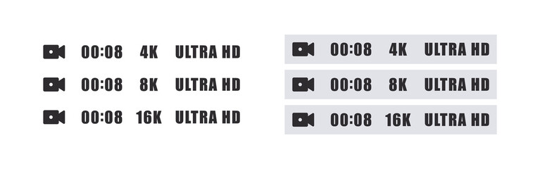 Video resolution icons set. Ultra HD icons. 4k ultra HD, 8k 16k screen resolution badges. Vector illustration