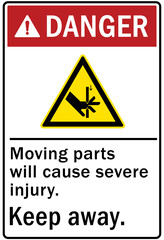 Pinch point hazard sign and labels moving parts will cause severe injury. Keep away