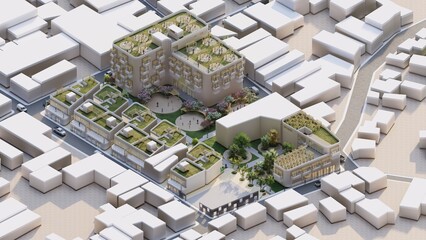 Set of multi-family homes, with wooden terraces and white concrete walls, green roofs, interior gardens and many plants.